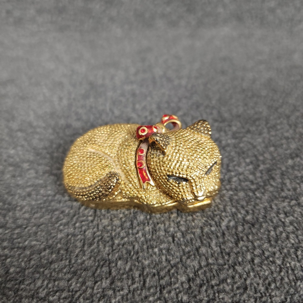 Adorable Sleeping Kitten Figurine With Red Bow Gold Tone Textured Trinket